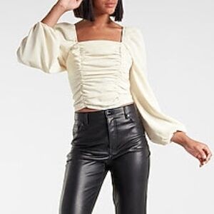 Express Cream Ruched Puff Sleeve Blouse